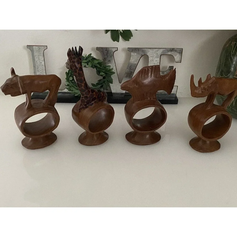 Set of 4 Hand Carved Napkin Rings African Safari Jungle Animal Teak Wood Vintage
